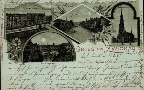 Mondschein Litho Zwickau in Sachsen, Römerplatz, Albertplatz, Mulde von der Paradiesbrücke, Kirche