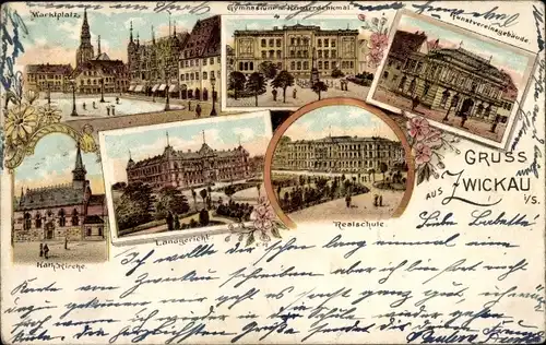 Litho Zwickau in Sachsen, Marktplatz, Gymnasium, Kriegerdenkmal, Realschule, Landgericht