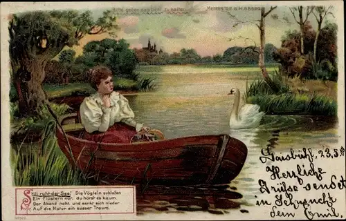 Halt gegen das Licht Litho still ruht der See, Die Vöglein schlafen, Ruderboot, Frau, Schwan
