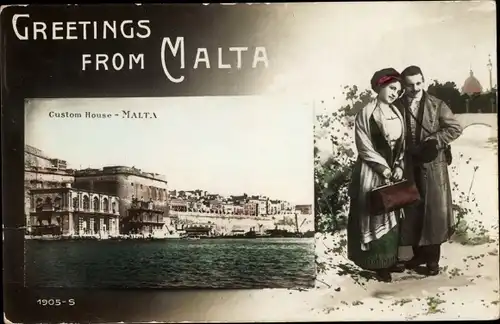 Passepartout Ak Malta, Custom House, Paar in Malteser Tracht