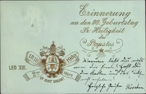 Präge Ak Papst Leo XIII., Vincenzo Gioacchino Pecci, 90. Geburtstag 1900