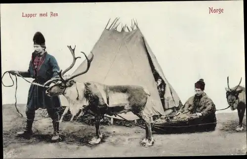 Ak Norwegen, Lapper med Ren, Lappländer mit Rentieren, Zugschlitten, Zelt