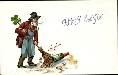 Ak Glückwunsch Neujahr, New Year, Straßenkehrer, Sektflasche und Gläser, Kleeblatt