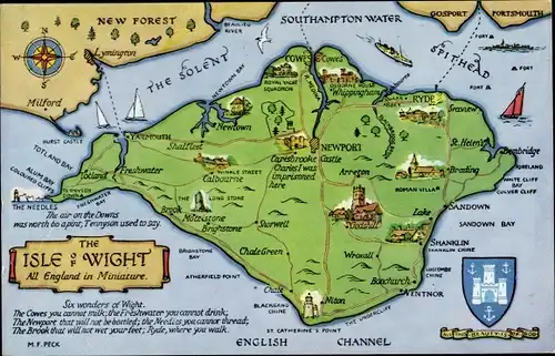 Landkarten Ak Isle of Wight England, Newport, Ryde, Newtown, Freshwater, Yarmouth, Sandown