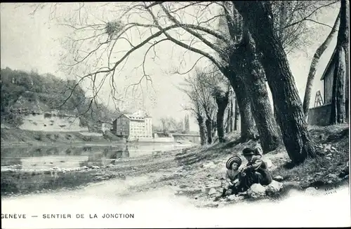 Ak Geneve Genf Stadt, Sentier de la Jonction, Blick zur Stadt, Kinder am Ufer