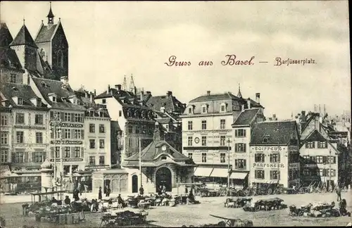 Ak Bâle Basel Stadt Schweiz, Barfüßerplatz, Coiffeur, Parfumerie, Restauration am Bahnhof