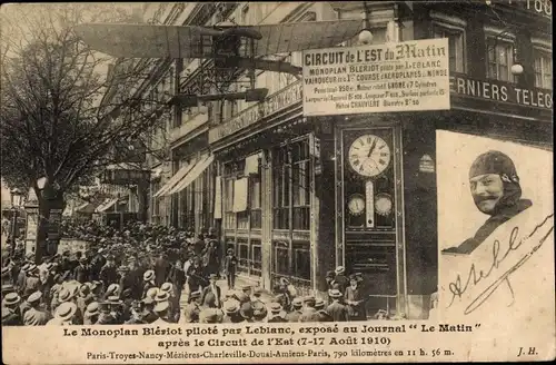 Ak Paris, Monoplan Bleriot pilote par Leblanc, expose au Journal Le Matin, Circuit de l'Est 1910