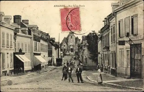 Ak Airaines Somme, Rue Saint Denis, Blick zur Kirche