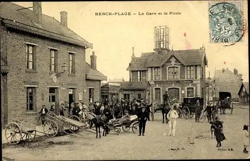 Ak Berck Plage Pas de Calais, La Gare et la Poste, Bahnhof
