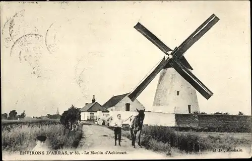 Ak Achicourt Pas de Calais, Windmühle, Mann mit Pferd