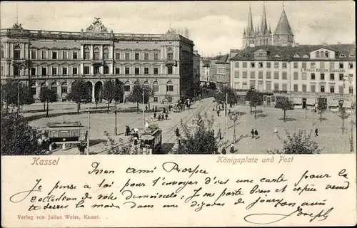 Ak Kassel in Hessen, Königsplatz mit Hauptpost, Straßenbahnen