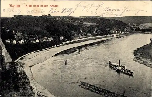 Ak Diesbar Seußlitz Nünchritz an der Elbe, Blick vom bösen Bruder, Elbdampfer