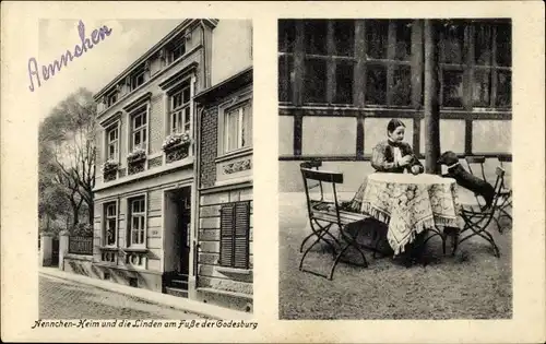 Ak Godesburg Bonn, Aennchen Heim, Linden, Frau am Tisch