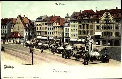 Ak Mainz in Rheinland Pfalz, Blick auf den Marktplatz, Mrktstände, Geschäfte, Zieher 