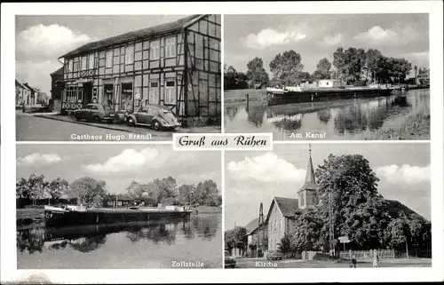 Ak Rühen in Niedersachsen, Gasthaus Hugo Brandt, Kanal, Zollstelle, Kirche