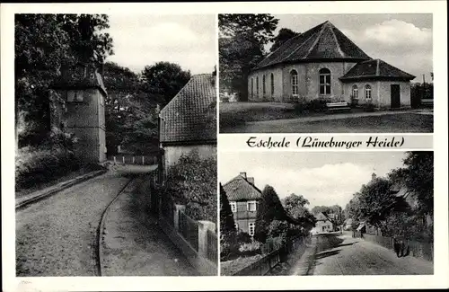 Ak Eschede Lüneburger Heide, Straßenpartien mit Kirche