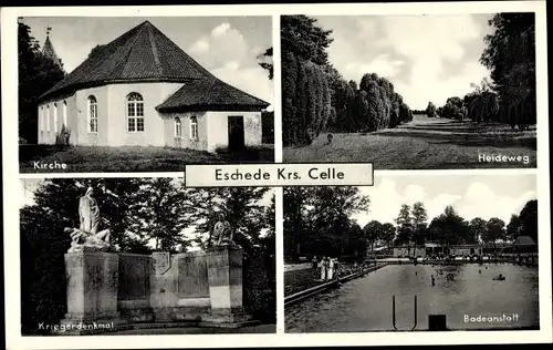 Ak Eschede in Niedersachsen, Kirche, Heideweg, Kriegerdenkmal, Badeanstalt