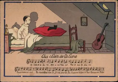 Lied Künstler Ak Jack, Au Clair de la Cune, Junge im Bett, Gitarre, Schlafzimmer
