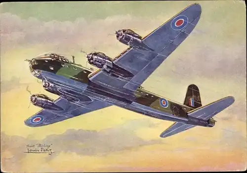 Künstler Ak Petit, Louis, Britisches Militärflugzeug Short Stirling, Avions alliés, Bombardier lourd