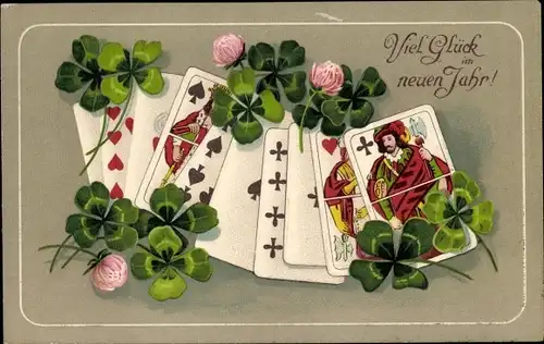 Präge Ak Glückwunsch Neujahr, Spielkarten, Kleeblätter