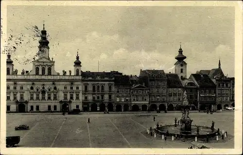 Ak České Budějovice Budweis Südböhmen, Marktplatz, Brunnen, Rathaus