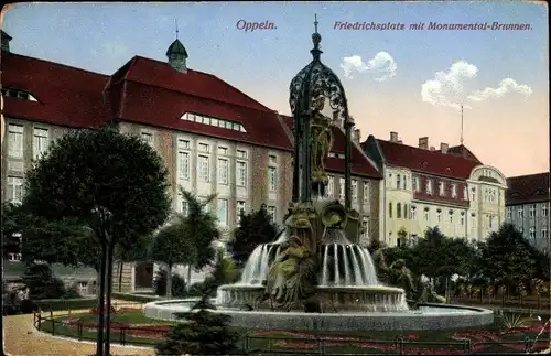 Ak Opole Oppeln Schlesien, Friedrichsplatz mit Monumental Brunnen