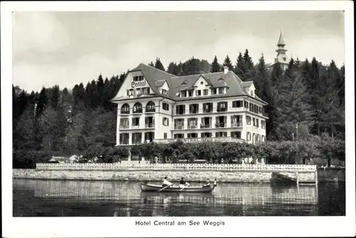 Ak Weggis Kanton Luzern, Hotel Central am See, Ruderboot