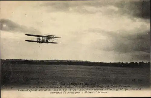 Ak La Conquete de l'Air, Wilbur Wright au Camp d'Auvours 1908, Luftfahrtpionier,Flugzeug in der Luft
