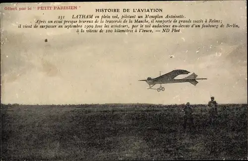 Ak Histoire de l'Aviation, Latham en plein vol, Monoplan Antoinette