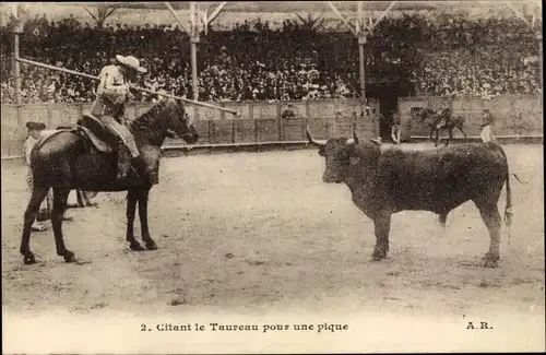 Ak Corrida de Toros, Citant le Taureau pour une pique, Stierkampf