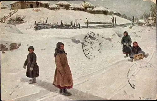 Künstler Ak Sitschkoff, F., Winter, Kinder mit Schlitten