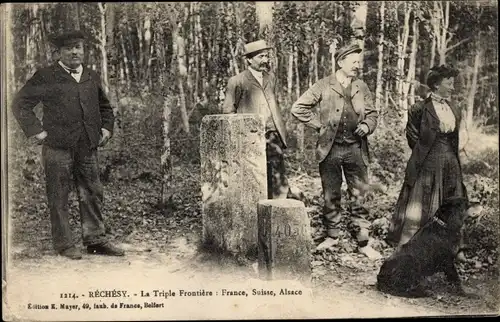 Ak Réchésy Territoire de Belfort, Frontiere Franco Alsacienne Suisse, La Borne Frontiere des 3 pays