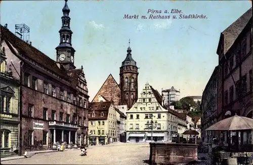 Ak Pirna an Elbe, Markt, Rathaus, Stadtkirche, Sparkasse