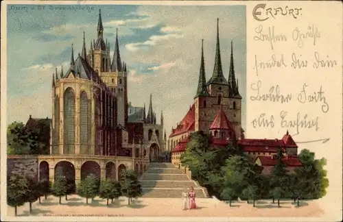 Litho Erfurt in Thüringen, Friedrich Wilhelmplatz, Dom, Severikirche