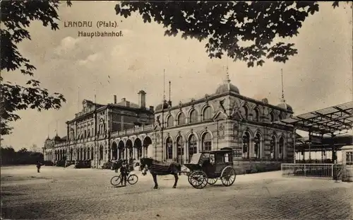 Ak Landau in der Pfalz, Hauptbahnhof, Pferdekutsche