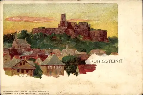 Künstler Litho Münch, C., Königstein im Taunus, Blick zur Burgruine, Ort