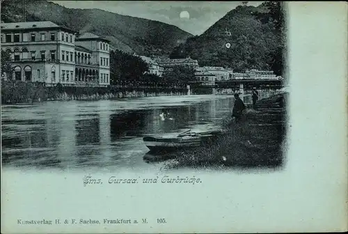 Mondschein Ak Bad Ems an der Lahn, Kursaal und Kurbrücke bei Nacht