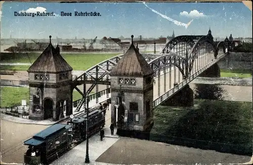 Ak Ruhrort Duisburg Nordrhein Westfalen, Blick auf die Neu Ruhrbrücke, Straßenbahn Linie 1