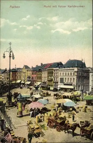 Ak Aachen in Nordrhein Westfalen, Ortsansicht, Markt mit Kaiser Karlsbrunnen