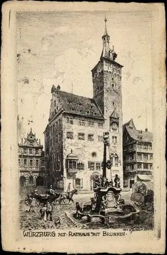 Künstler Ak Würzburg, Ansicht des alten Rathauses mit dem Brunnen, Pferde