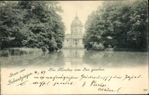 Ak Schwetzingen in Baden, Moschee vom See gesehen