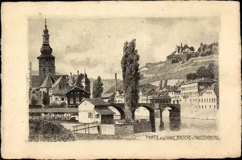 Ak Bad Kreuznach in Rheinland Pfalz, Kauzenberg, Kauzenburg, Nahepartie, Brücke