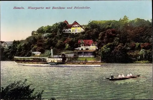 Ak Hameln an der Weser Niedersachsen, Weserpartie mit Bootshaus und Felsenkeller