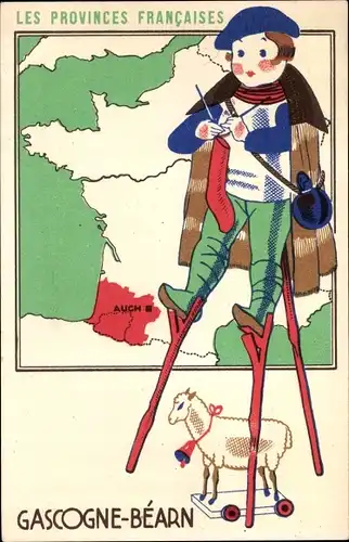 Landkarten Ak Les Provinces Françaises, Gascogne Bearn, Mann beim Stricken, Stelzen