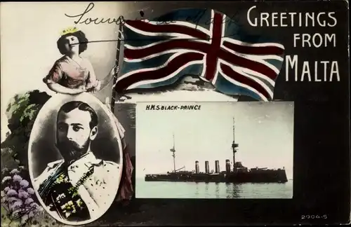 Passepartout Ak Malta, Britisches Kriegsschiff, HMS Black Prince, King George V