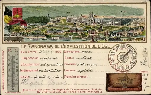 Litho Le Panorama de l'Exposition de Liege 1905, Thermometer, Wappen, Hafen