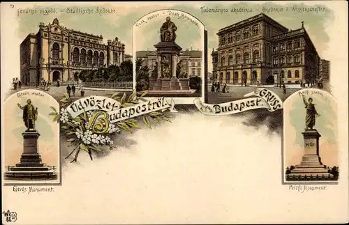 Litho Budapest Ungarn, Städtische Redoute, Akademie der Wissenschaften, Monumente