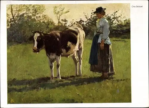 Künstler Ak Strützel, Otto, Auf der Weide, Bäuerin mit Kuh