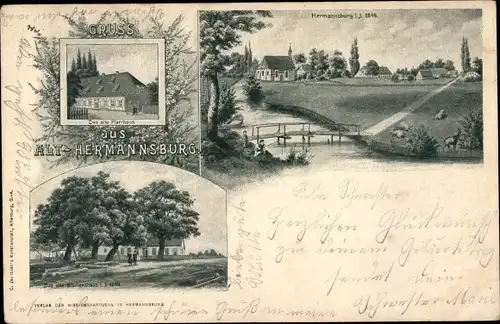 Litho Hermannsburg Südheide in der Lüneburger Heide, Gesamtansicht, Pfarrhaus, Missionshaus