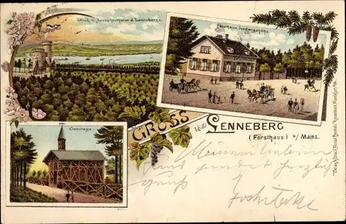 Litho Mombach Mainz in Rheinland Pfalz, Lenneberg, Forsthaus Ludwigshöhe, Eremitage